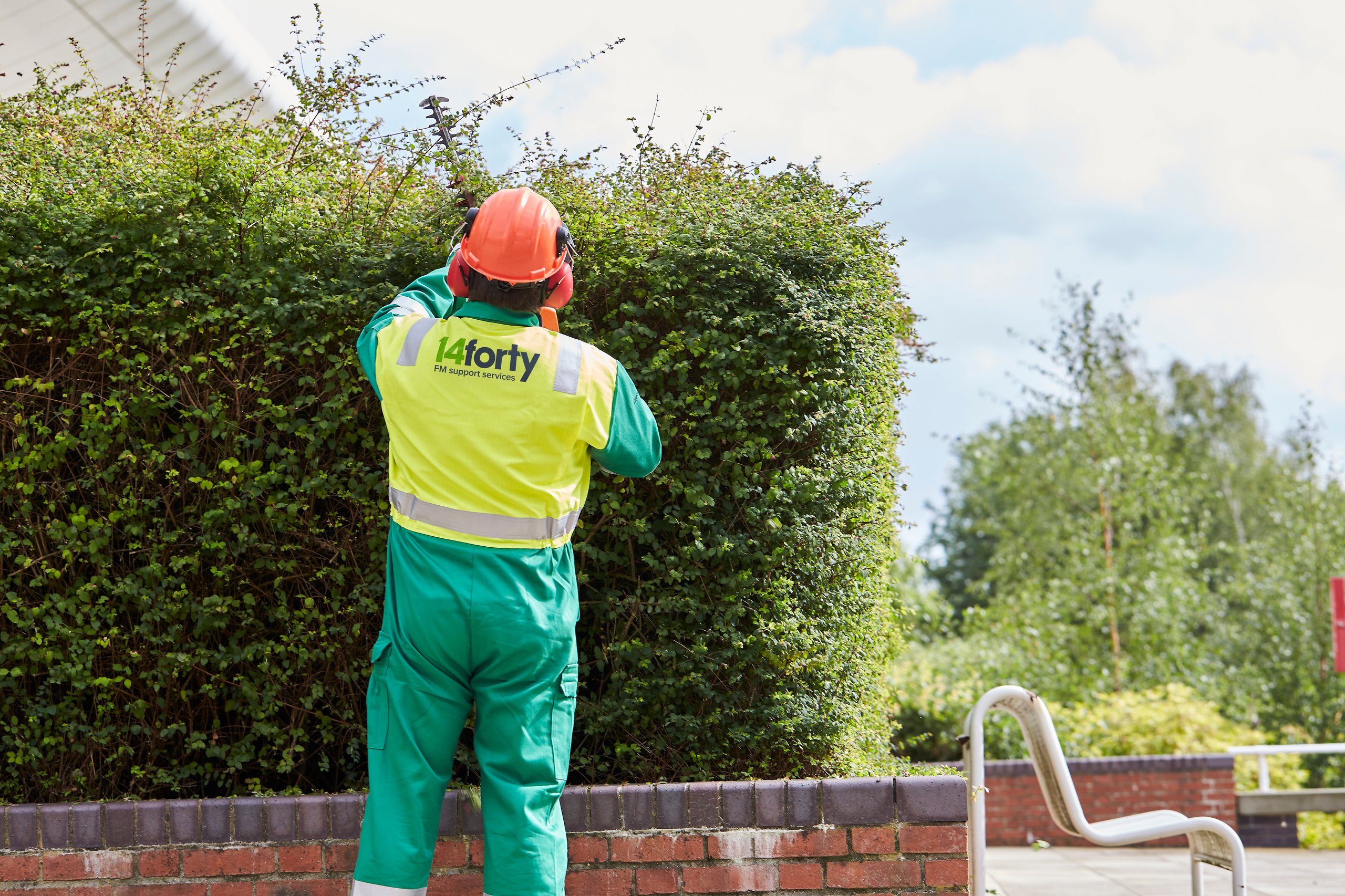 Worker trimming a hedge with power tools, wearing protective gear.