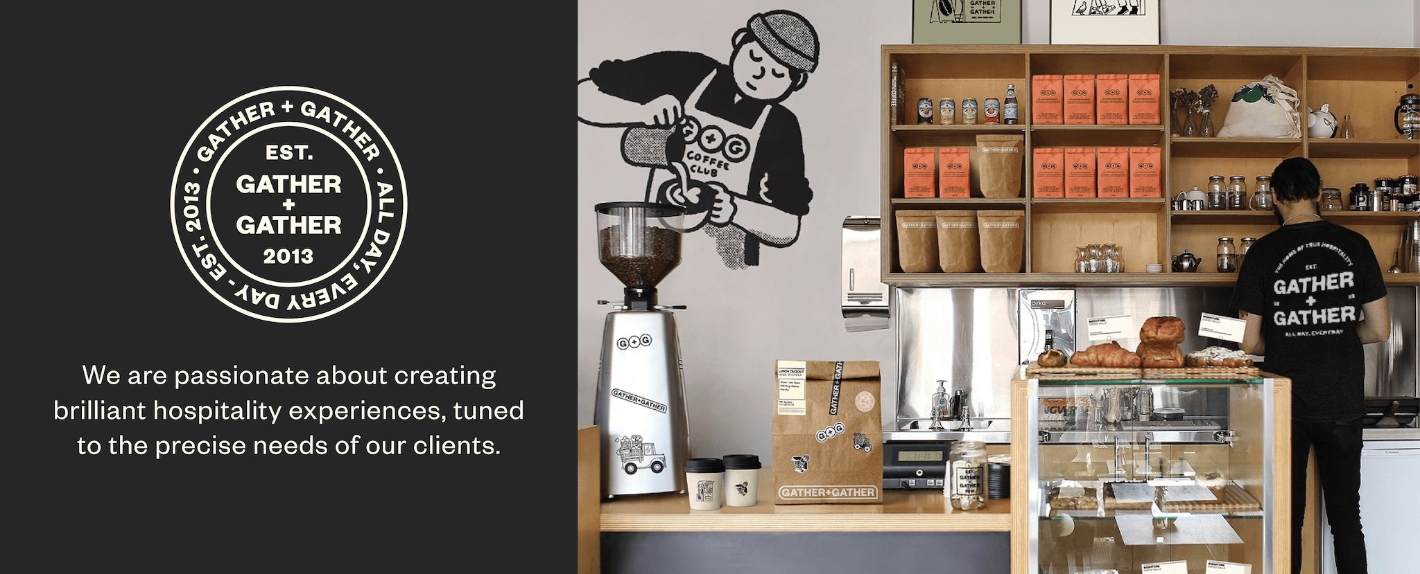 Coffee shop interior with staff and products.