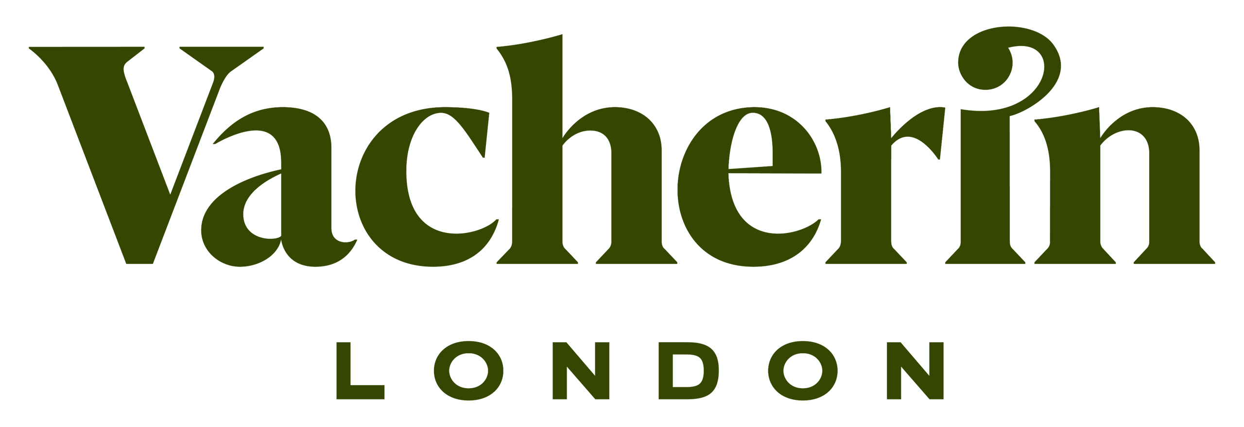 Vacherin London logo in olive green, on a black background.