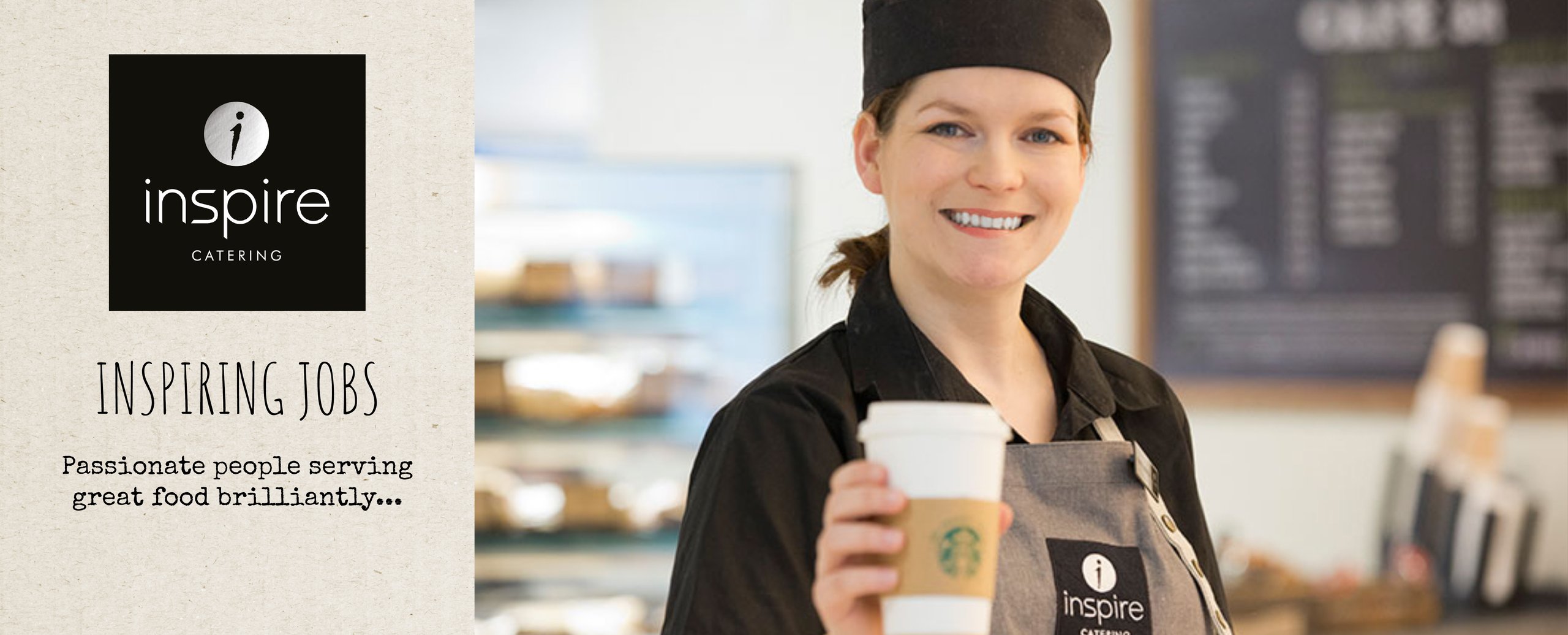 Woman holding coffee, Inspire Catering logo, inspiring jobs.