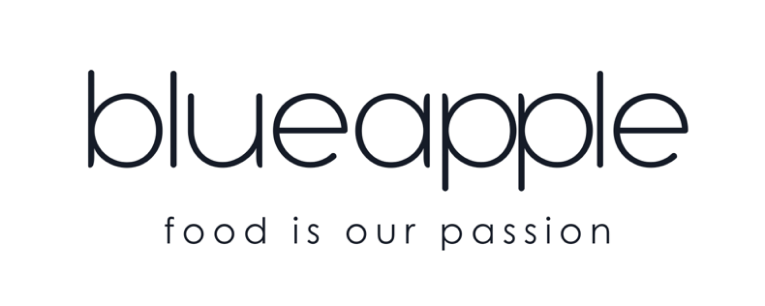 The "blueapple" logo with "food is our passion" underneath.