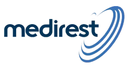 Medirest logo with blue text and a curved design.