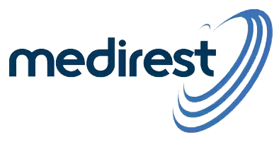 Medirest logo with blue text and a curved design.