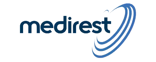 Medirest logo with blue text and a curved design.