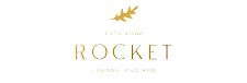Gold logo on black background: "ROCKET" text, leaf icon.