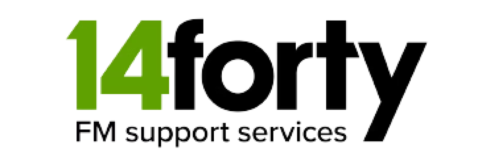 "14" in green, followed by "forty" in dark gray outline. Below is "FM support services" in dark gray.