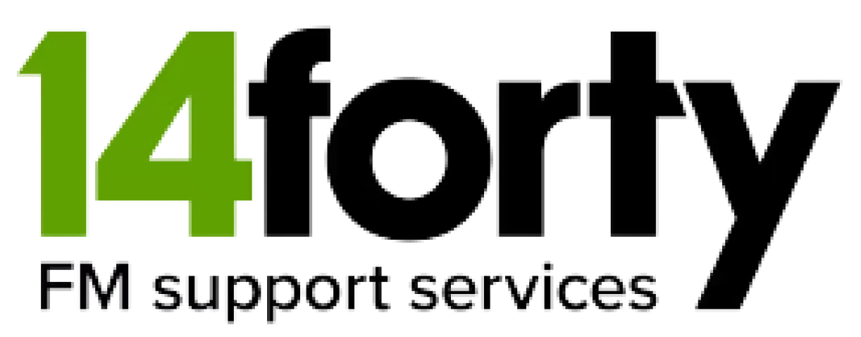 "14" in green, followed by "forty" in dark gray outline. Below is "FM support services" in dark gray.