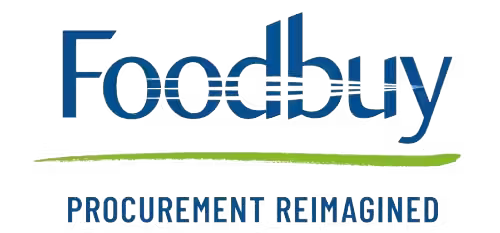 The logo reads "Foodbuy" in large blue letters. Below it, a green line separates the name from the text "PROCUREMENT REIMAGINED" in smaller blue letters.