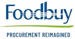 The logo reads "Foodbuy" in large blue letters. Below it, a green line separates the name from the text "PROCUREMENT REIMAGINED" in smaller blue letters.