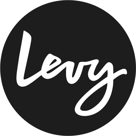 Black circle with the word "Levy" in white cursive script.