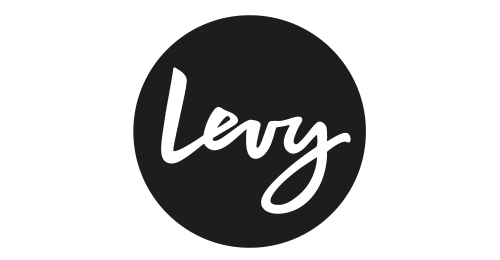 Levy logo in a dark grey circle, written in a script font.