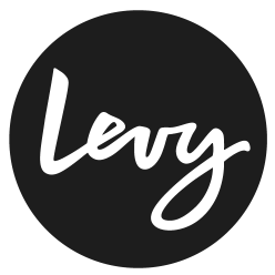 Levy logo in a dark grey circle, written in a script font.