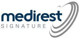 The logo features the word "medirest" in dark blue text above the word "SIGNATURE" in light gray text. To the right of the text is a gray circular graphic with curved lines resembling a swoosh or a satellite dish.