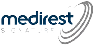 The Medirest Signature logo features the word "Medirest" in blue, with "Signature" below it in silver. A silver swoosh design is to the right of the text.