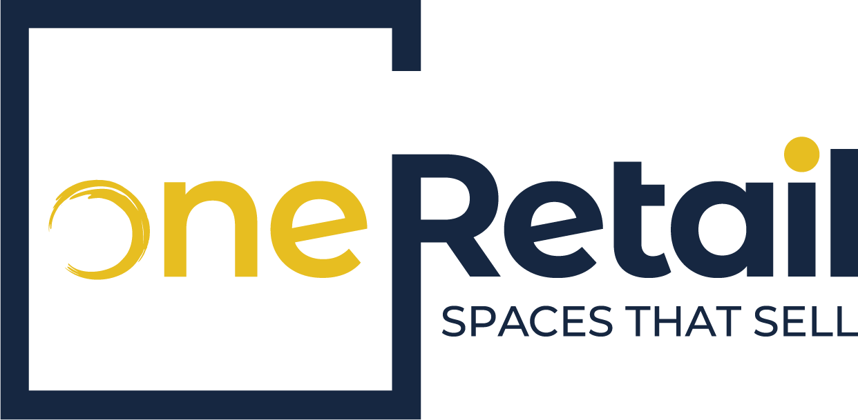 The One Retail logo features the word "one" in yellow with a brushstroke effect on the "o", next to the word "Retail" in dark blue. Below "Retail" is the tagline "SPACES THAT SELL" in smaller, lighter blue text.