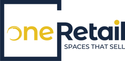 The One Retail logo features the word "one" in yellow with a brushstroke effect on the "o", next to the word "Retail" in dark blue. Below "Retail" is the tagline "SPACES THAT SELL" in smaller, lighter blue text.
