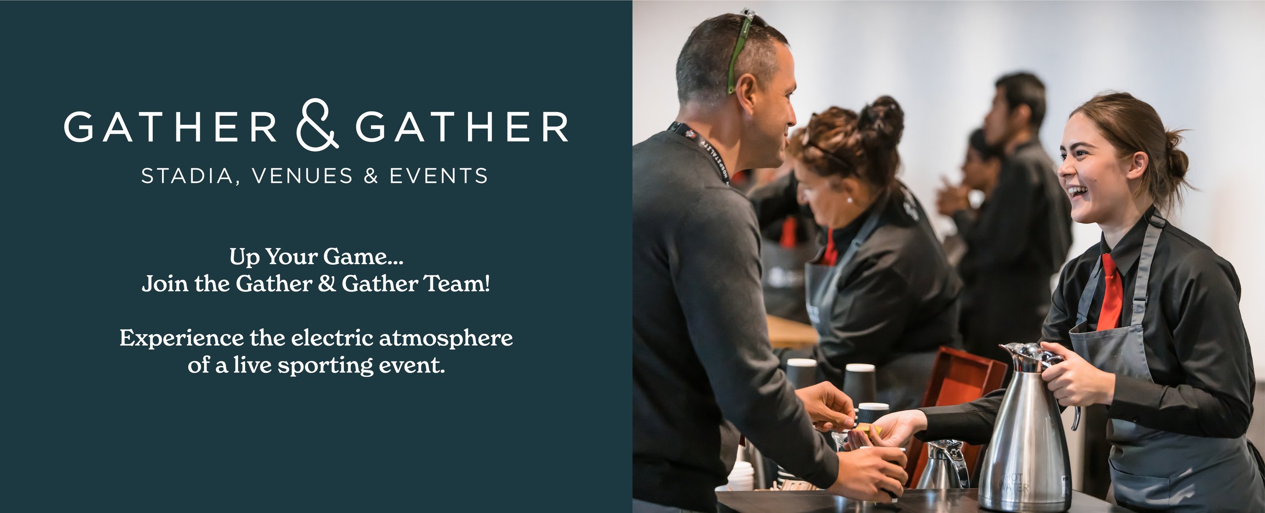 Gather & Gather Stadia, Venues & Events offers jobs. Staff prepare drinks at a sporting event.
