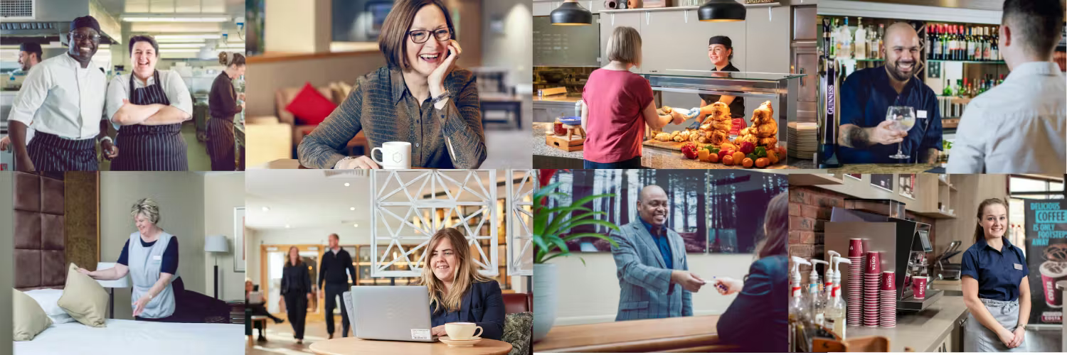 A collage of people working in various service roles, including chefs, a bartender, hotel staff, and cafe workers.