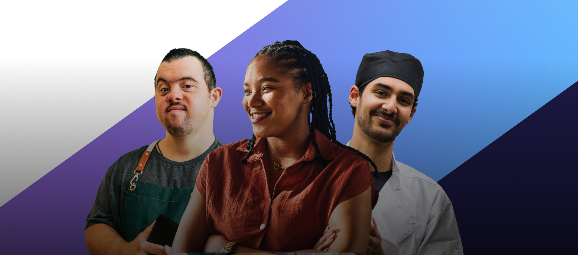 Three smiling people, one with Down syndrome in an apron, a woman with braids, and a man in chef's attire.