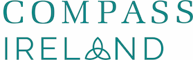 Teal text logo reading Compass Ireland with a triquetra knot symbol replacing the letter A.