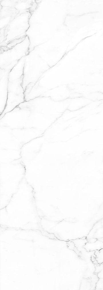 A close-up of a white marble surface with light grey veins flowing diagonally across.